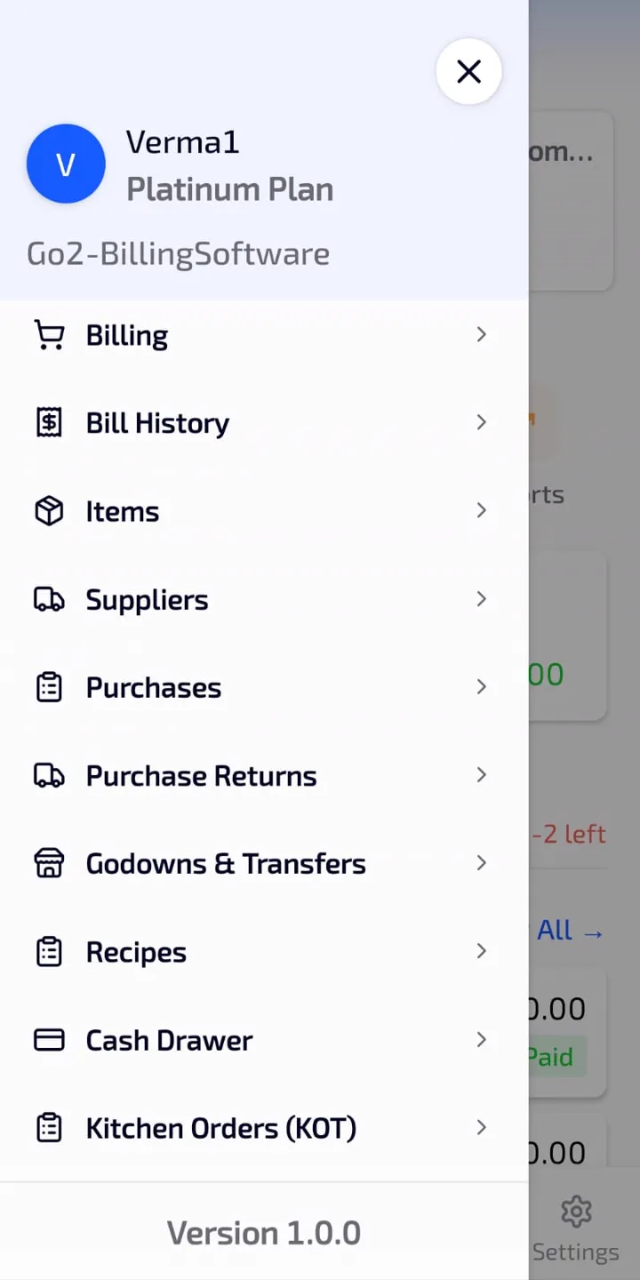 Go2 Android POS app billing cart with barcode-scanned items and UPI payment option