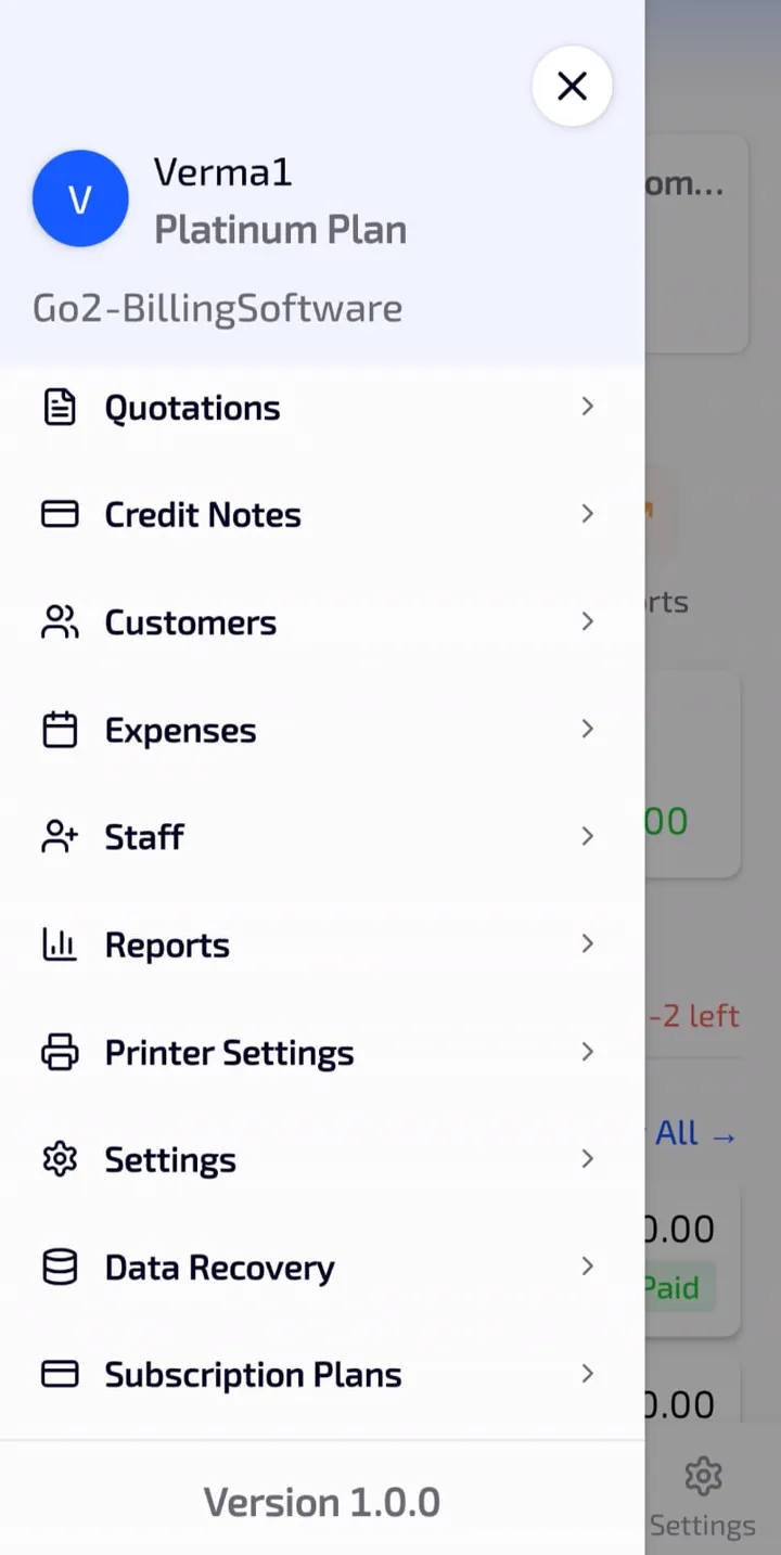 Go2 Android inventory list with stock quantities and low-stock indicators