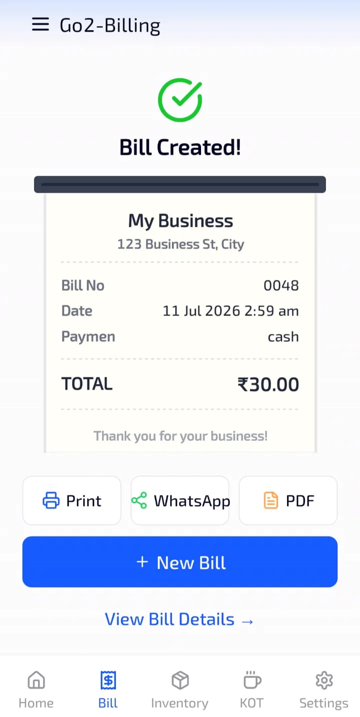 Go2 Android daily sales summary with cash and UPI collection totals