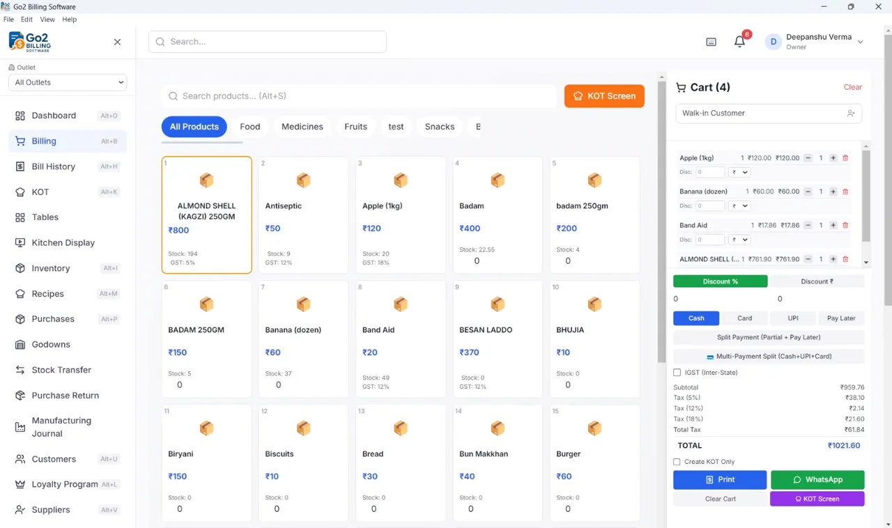 Go2 Desktop inventory screen showing live stock levels, batches and low-stock alerts