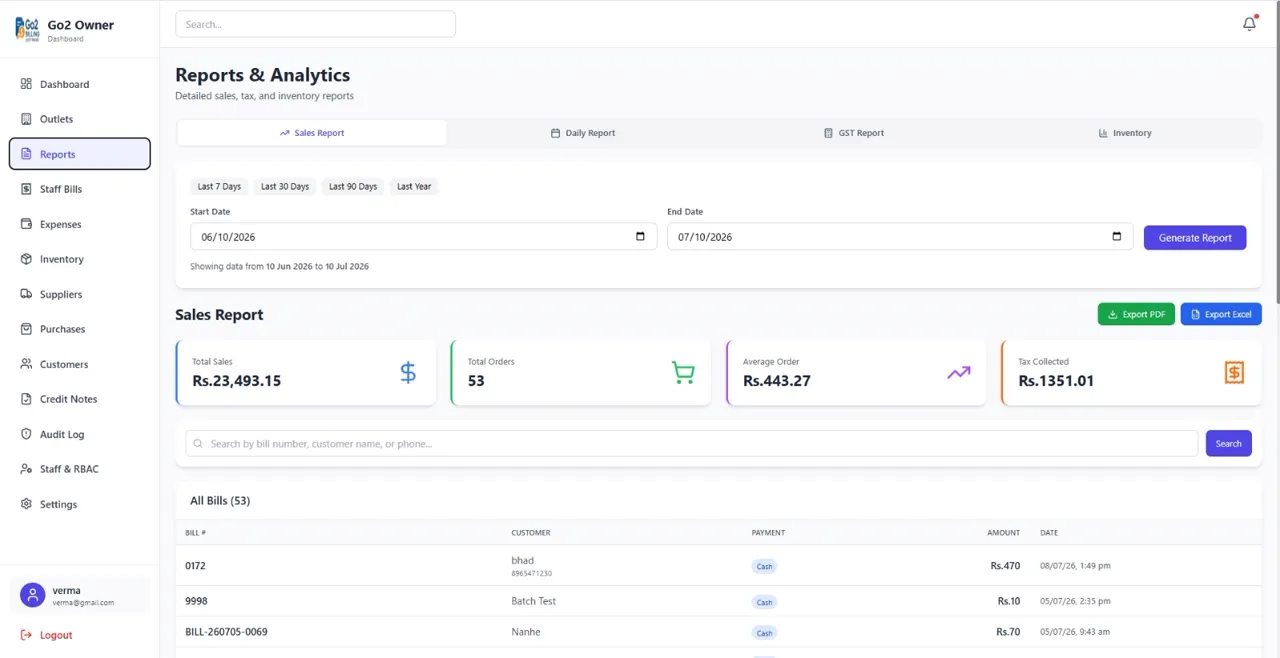 Go2 Owner App day-end summary report with payment mode breakdown